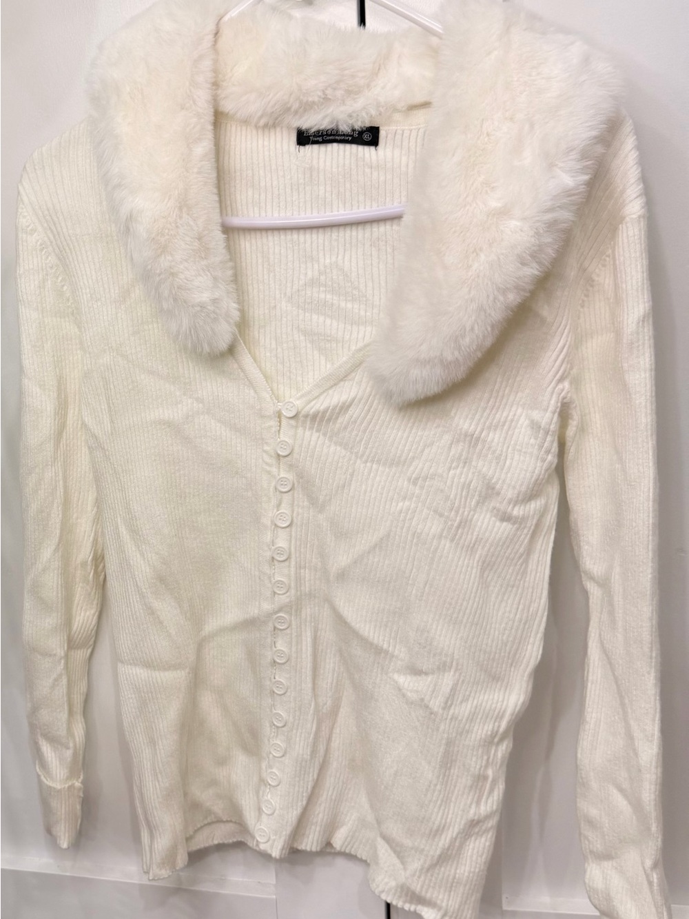Cream Button-Front Women's Cardigan with Plush Faux-Fur Collar